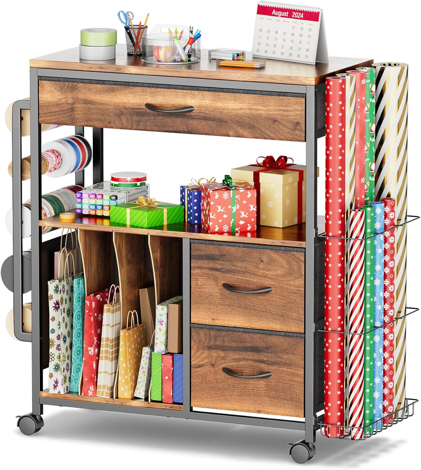 PUNLUXU Wrapping Paper Storage Cart - Rolling Gift Wrap Organizer with Ribbon & Bag Storage | Ideal for Crafts