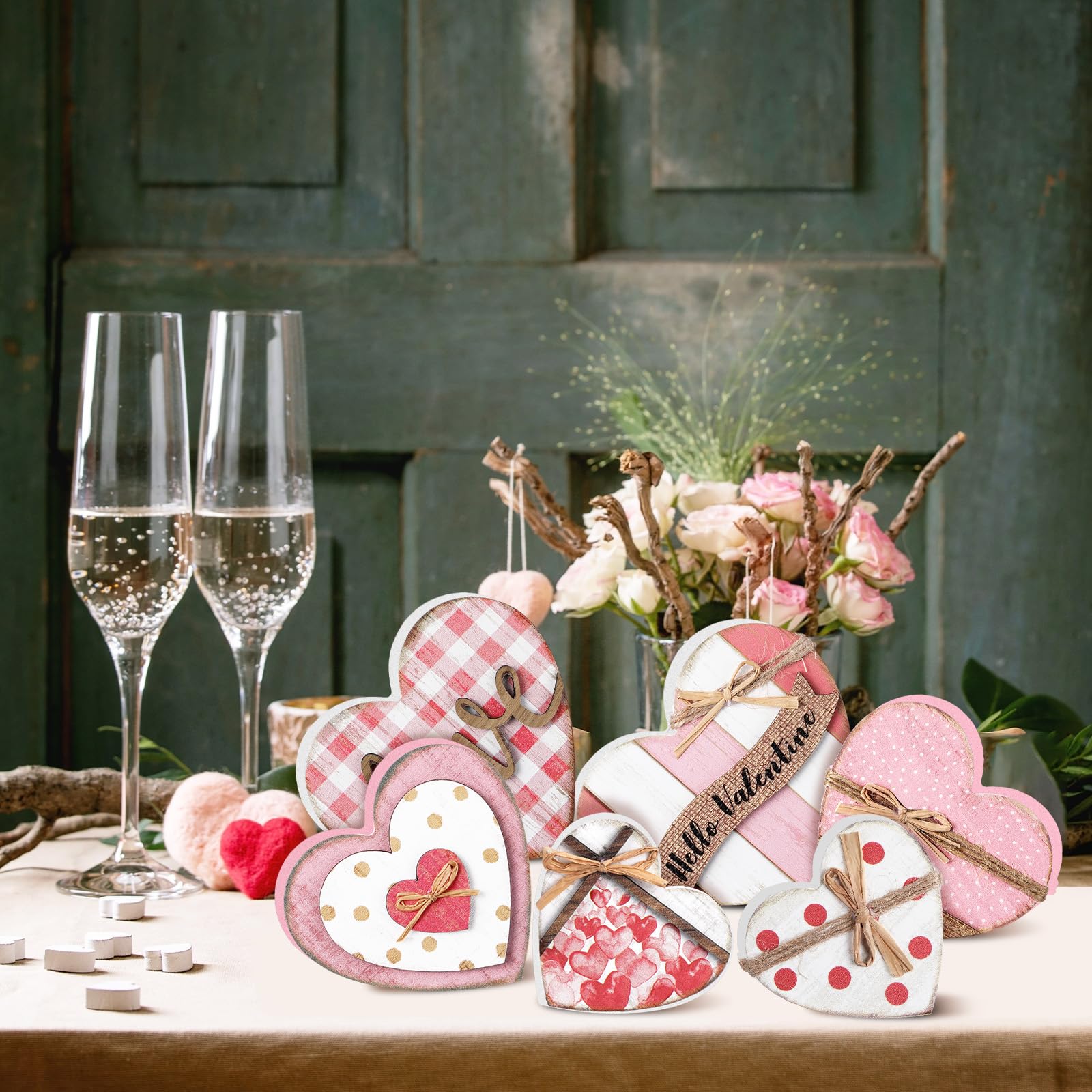Wonderjune 6 Pcs Valentine‘s Day Decorations Rustic Heart Shaped Wooden Sign Farmhouse Love Wood Block Table Centerpiece Valentines Tiered Tray Decor for Valentines Day Wedding Home(Cute Style)