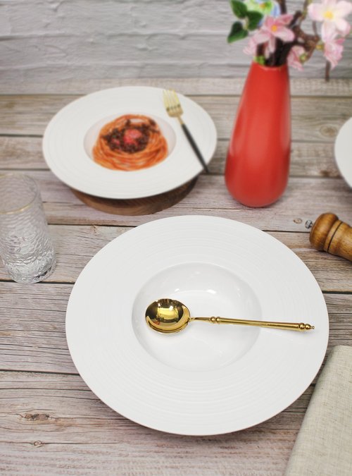 Creativity Home Ceramic Wide Rimmed Soup Plate, Soup Bowl 12 oz, Pasta Bowl Set of 4, White Shallow Bowl Plate with Rim, Best choice for high-end restaurants, hotels, and foodies,11.4 Inch Coil relief