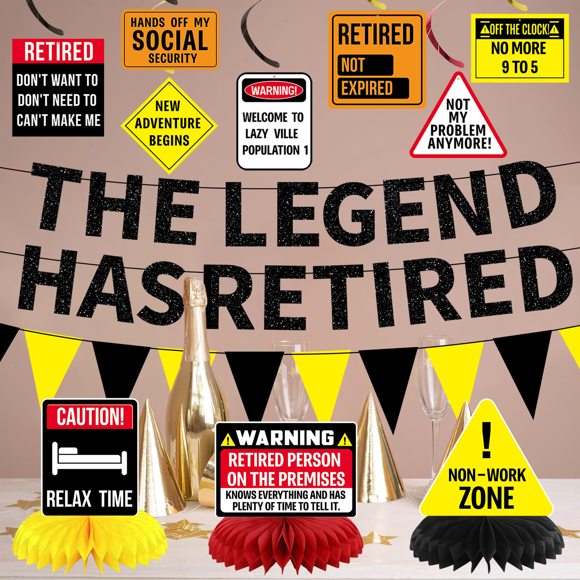 Roetyce Retirement Decorations Men Women, Caution Happy Retirement Banner Hanging Swirls Centerpieces Kit, Funny Legend Retired Party Supplies Backdrop for Coworker Family