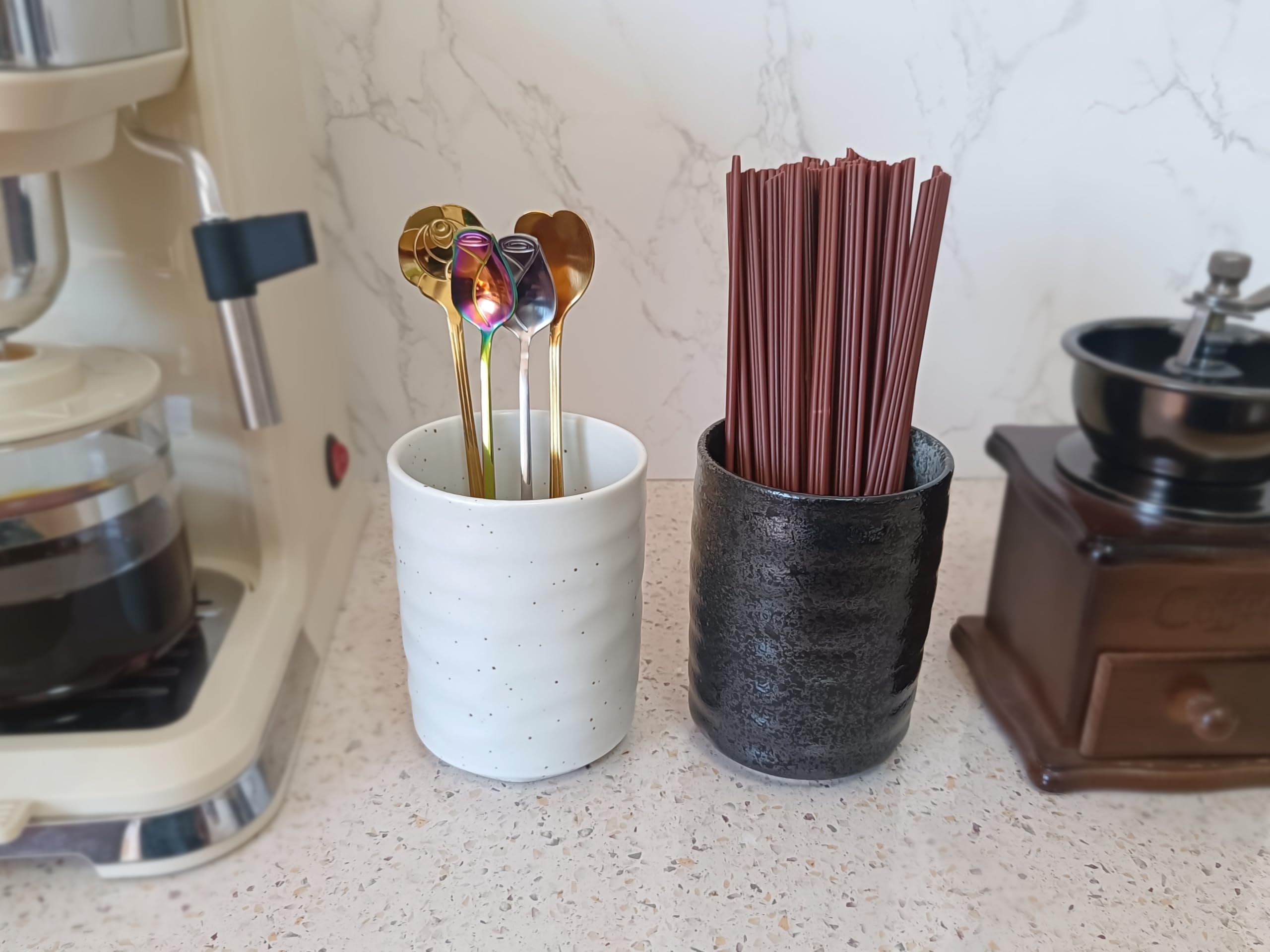 TOPYOKK Stoneware Coffee Bar Utensil Holder Tea & Coffee Spoon & Stirrer Holder for Stir Stick Straw Teaspoon Holder Spoon Cup Small Utensil Jar (Spotted White)
