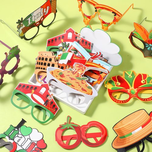 Pajean 32 Pcs Italian Party Decorations Italy Theme Eyeglasses Italian Paper Glasses Frame Photo Booth Props Italy Party Favors for Pizza Birthday Baby Shower Birthday Supplies