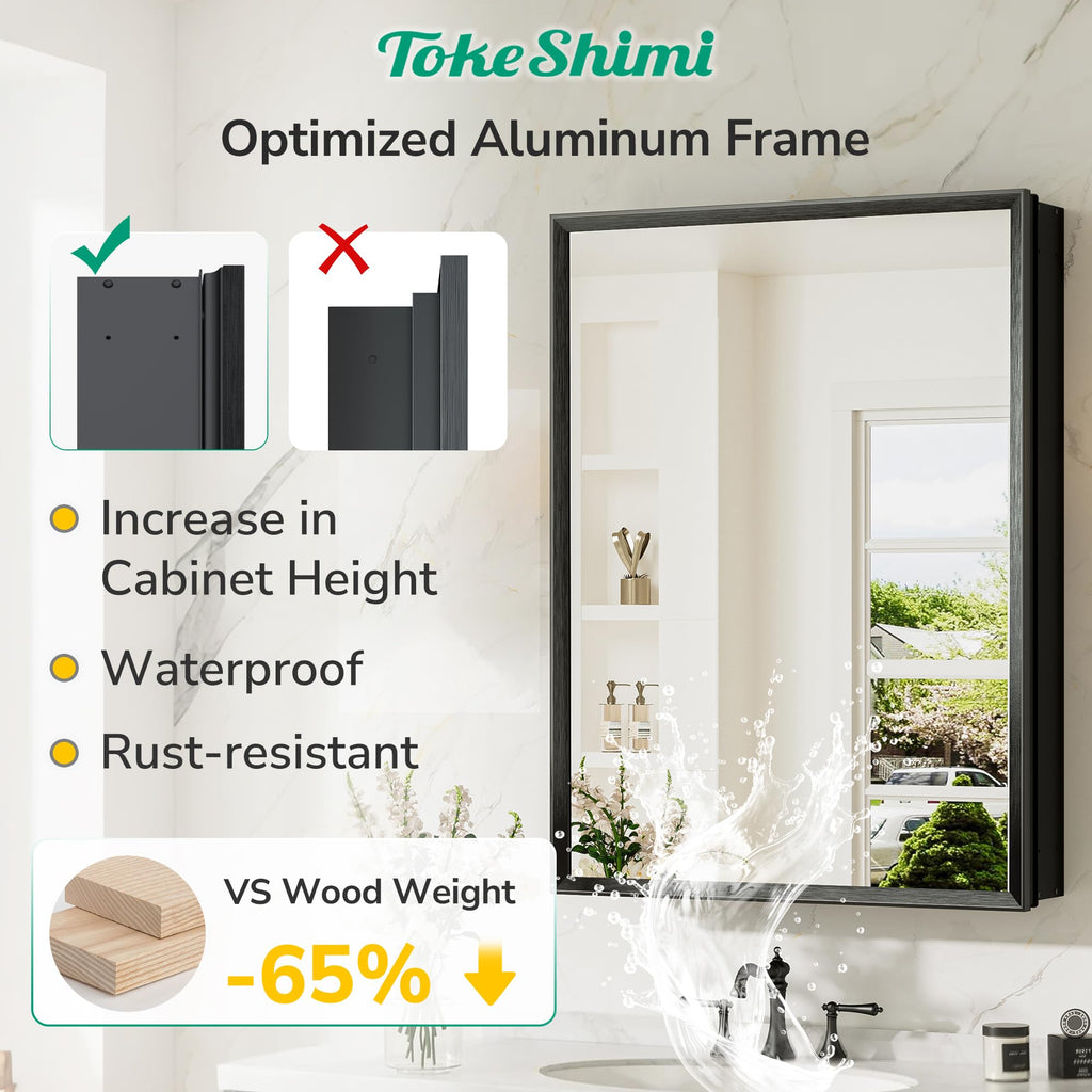 TokeShimi 14x18 Bathroom Medicine Cabinet with Mirror, Assembly Required, Black Recessed Medicine Cabinet, 1 Stepless Adjustable Shelves, Beveled Aluminum Frame, Tempered Glass