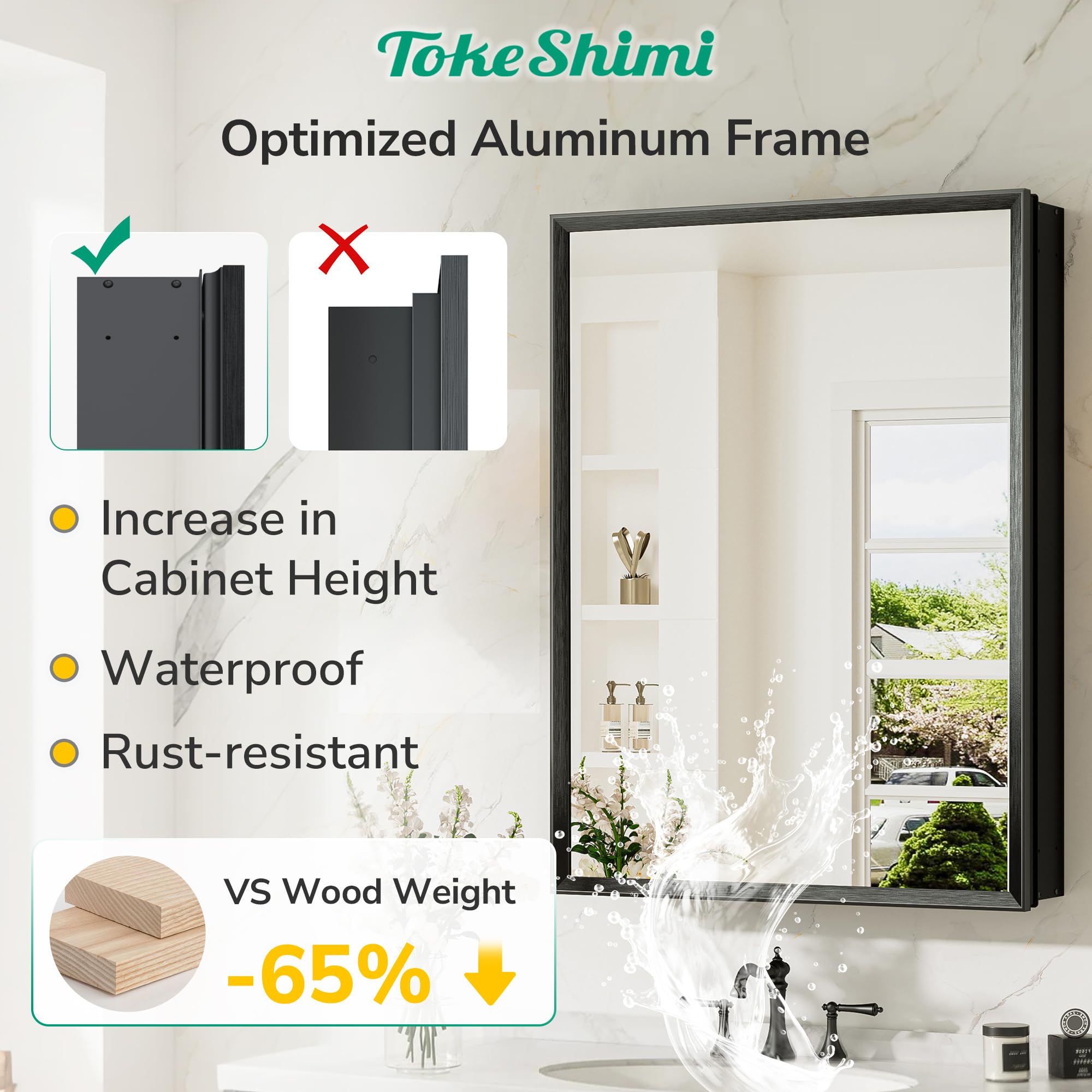TokeShimi 14x18 Bathroom Medicine Cabinet with Mirror, Assembly Required, Black Recessed Medicine Cabinet, 1 Stepless Adjustable Shelves, Beveled Aluminum Frame, Tempered Glass