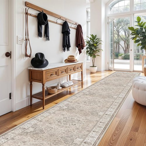 Hallway Washable Runner Rug - Vintage Non-Slip Soft Floor Mat | 3x20 Beige for Entryway & Living Room