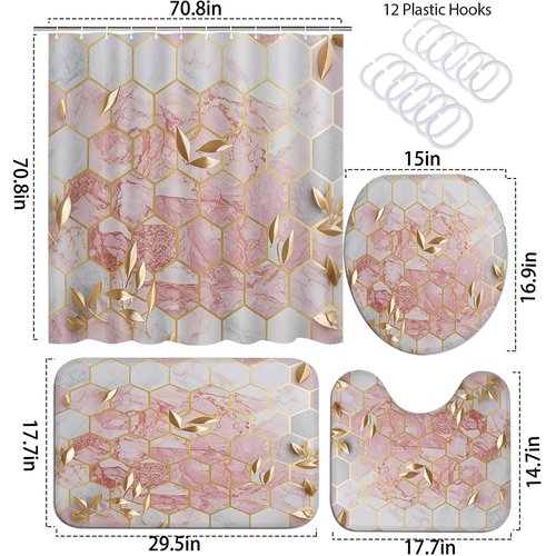 Omebero 4 Pcs Pink Shower Curtain Sets with Rugs Bathroom Sets with Shower Curtain and Rugs Modern Abstract Halloween Bathroom Decor Accessories Shower Curtains for Bathroom Toilet Lid Cover