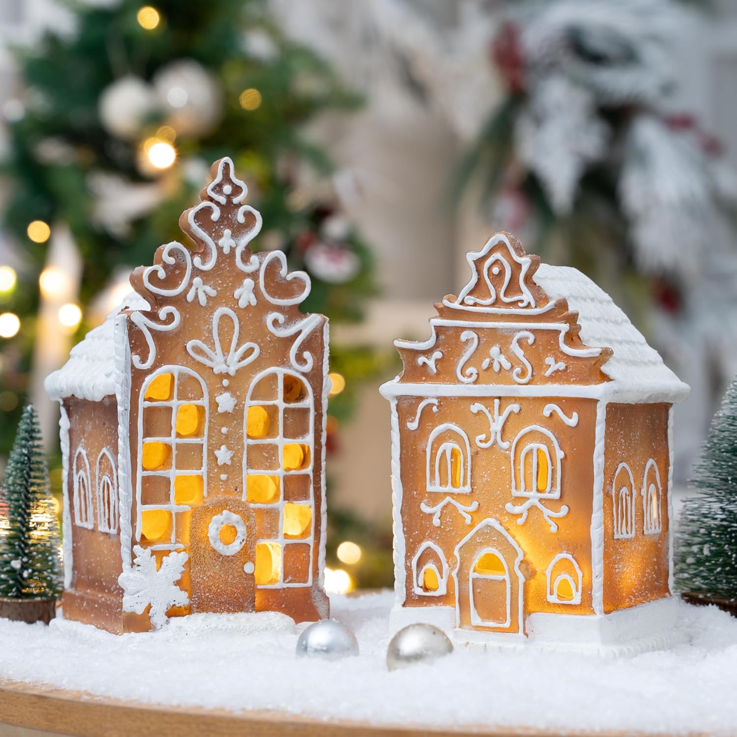 Regine Switzerland 2Pc Christmas Gingerbread Village House Figurines - Pre-Lit LED Table Decorations
