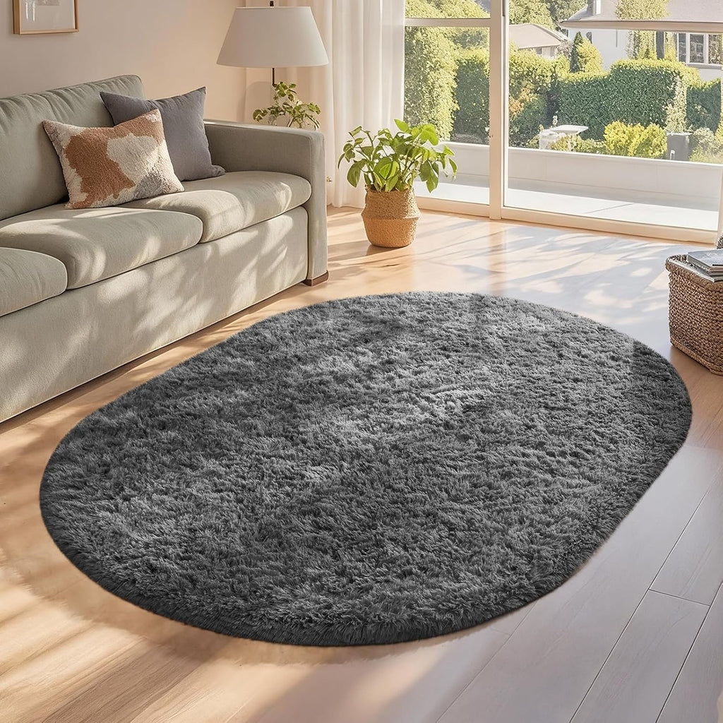 Ophanie Oval Rug 3x5 - Non-Slip Grey Area Rug for Bedroom & Dorm Decor | Fluffy & Aesthetic