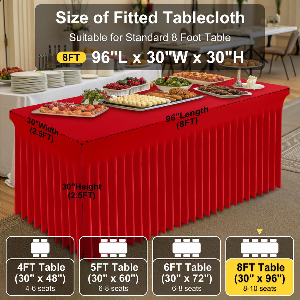 Smiry Spandex Tablecloth 2 Pack, Elastic Fitted Stretch Tablecloth for 8FT Rectangle Tables, Waterproof Washable Table Cover Skirt for Outdoor, Wedding, Banquet & Parties (Red, 96Lx30Wx30H Inch)