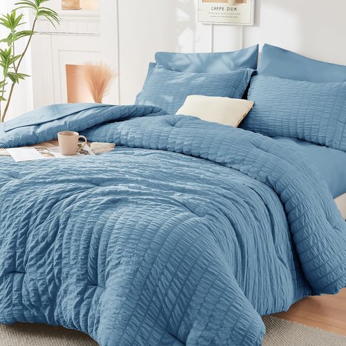 HYMOKEGE Mineral Blue Comforter Set - Luxury 7-Piece Bedding Set for All Seasons | Full Size