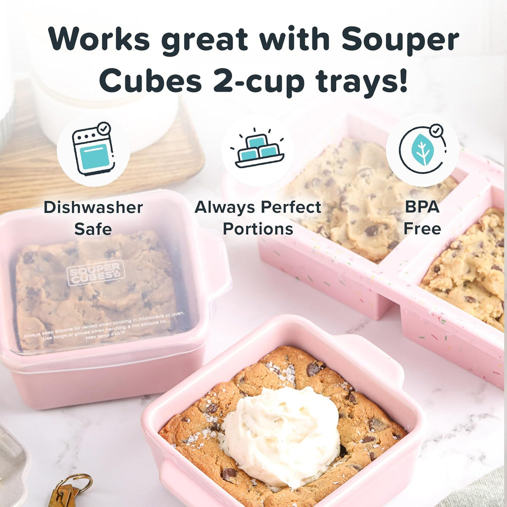Souper Cubes Stoneware Baking Dishes - Premium 5" x 5" Mini Ceramic Set with Silicone Covers - Cotton Candy