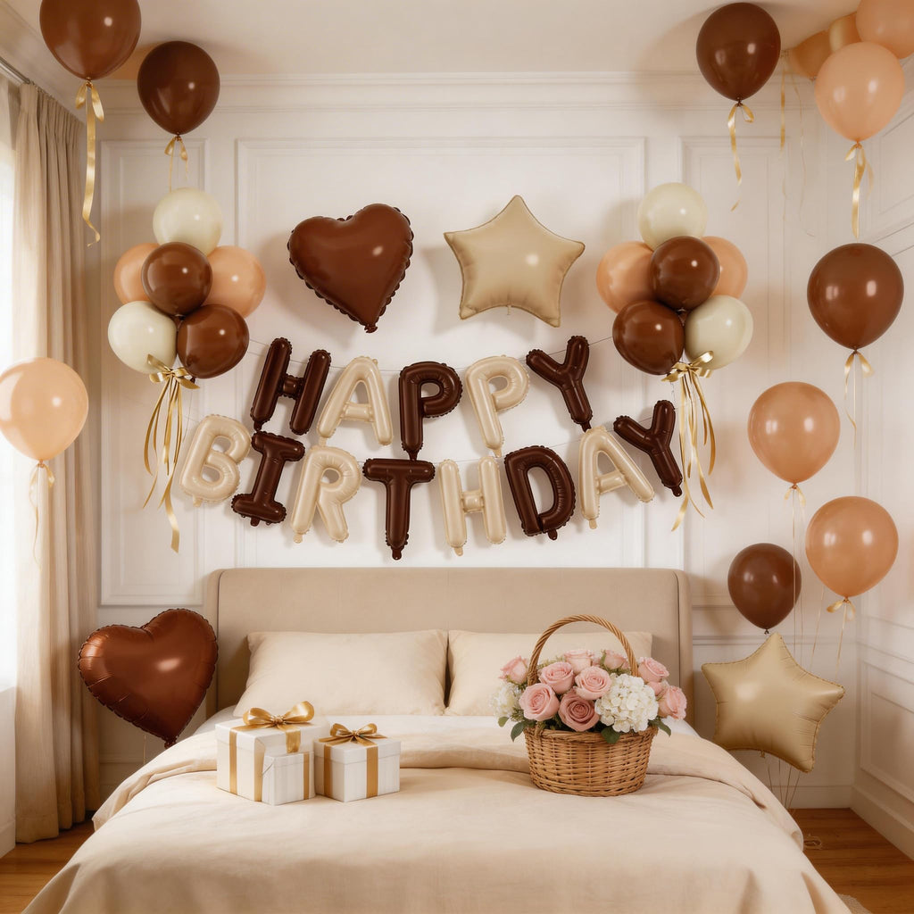 29PC Cream Brown Happy Birthday Balloon Banner, 16Inch 3D Aluminum Letter Banner Sign, Brown Apricot Dusty Ivory White Balloon 18 Inch Star Heart Foil Balloon for Women, Men Party Supply