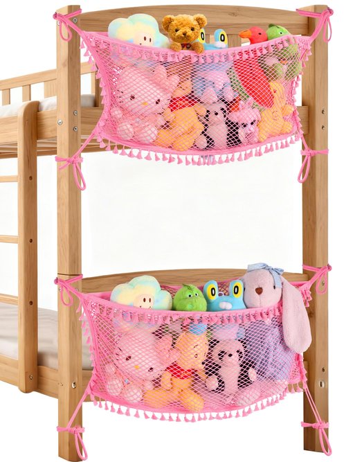 Erogeen Stuffed Animal Storage Net, Large Bedside Toy Organizer Net, Cotton Plushie Toy Storage Hammock with Tether for Stuffed Animals Room Organization (Pink, 2 Pack)