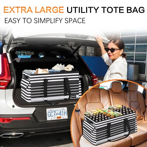 DSDCDJ 2 Pack Extra Large Utility Tote Bag with Reflective Strip, Standing Reusable Grocery Bags with Hard Bottom, Collapsible Utility Tote with Handles for Shopping, Beach, Picnics, Car