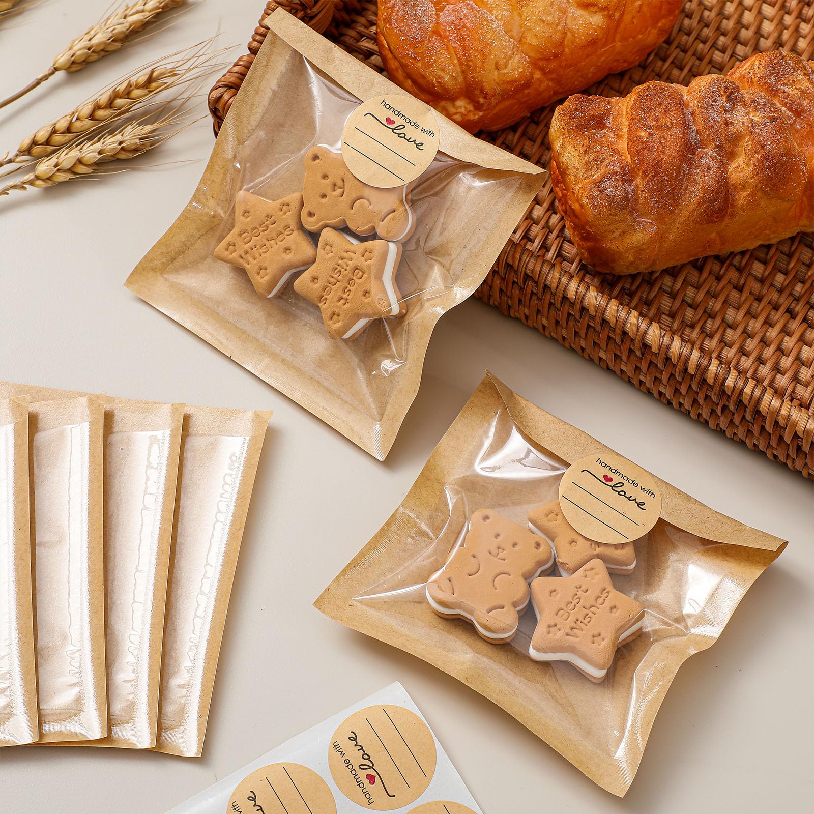 Outus 100 Pcs Cookie Packaging Bags with Seal, 4 x 4 Inch Bakery Pastry Bags with Window, Heat Sealable Grease Resistant Paper to Go Bake Sleeves for Gift Giving Donut Bread Sandwich (Brown)