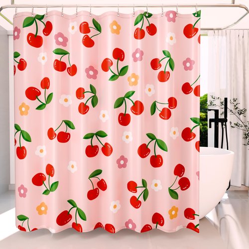 Anybar Fabric Shower Curtain Cute Floral Cherry Curtains Waterproof Soft Polyester Bathroom Curtain- Decorative Washable Privacy Cloth Shower Curtain for Bathroom Hotel (72x72inch) Pink