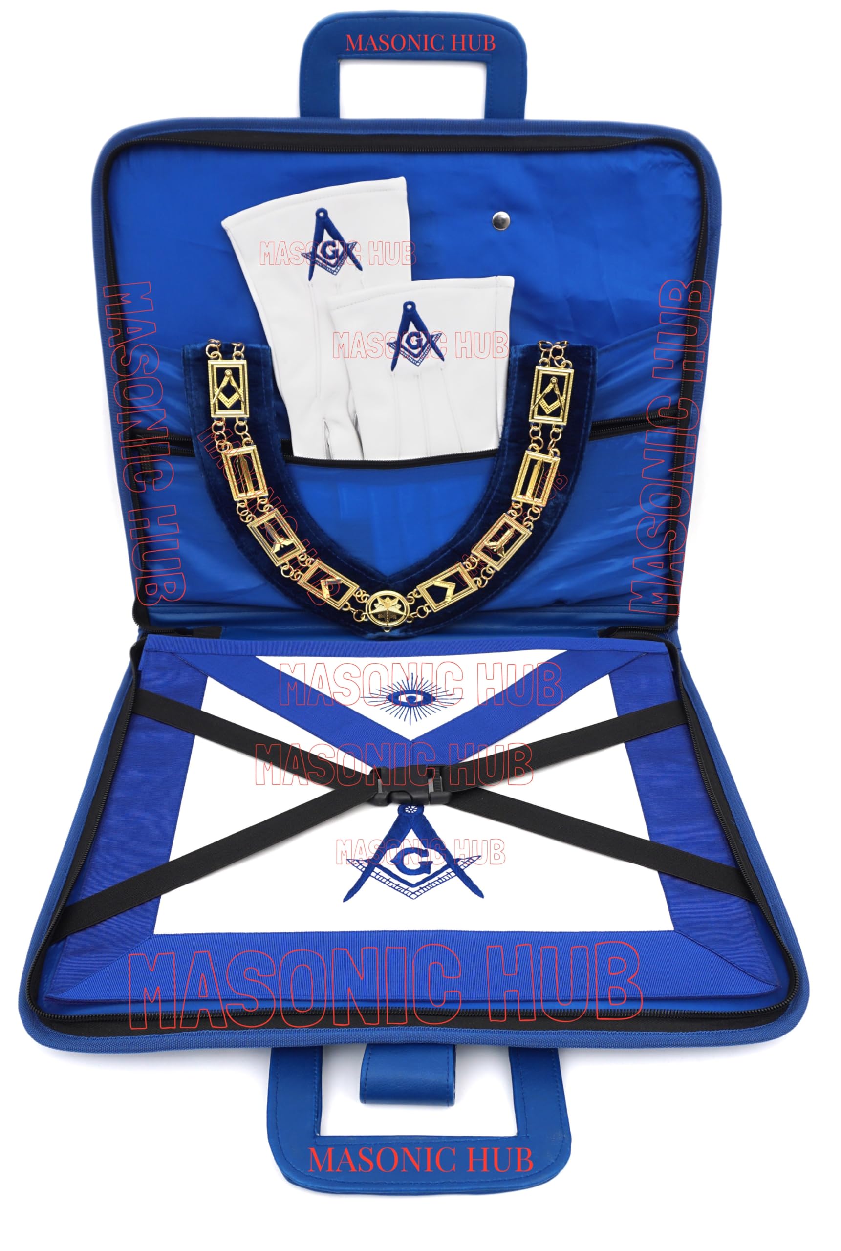 MASONIC HUB Hand Embroidered Square & Compass Apron Carrying Case – Hard Sided Blue Regalia Storage Box with Handle, Lock & Key – Fits Master Mason Apron & Chain Collar- Faux Leather