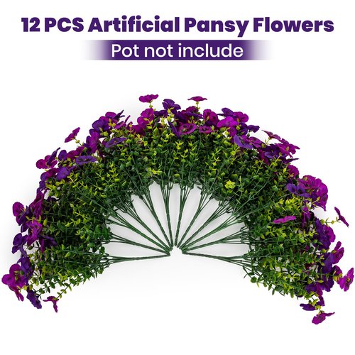 StyleNest 12 Piece Outdoor Artificial Flowers Fake Pansies -Two-Tone Faux Flowers per Stem, UV Resistant for Indoor Outdoor Porch Garden Planters Patio Window Box Home Decor(Purplish Red)