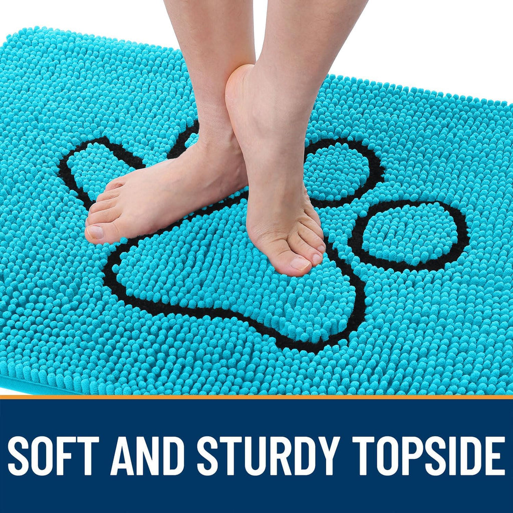 OLANLY Dog Door Mat - Absorbent Non-Slip Mud Mat for Dogs | Paw Print Design, Aqua Blue 30x20