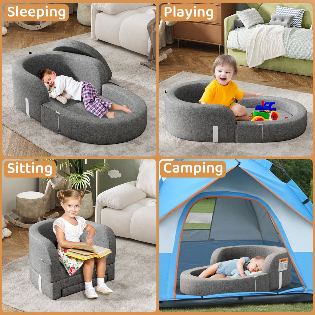 Cowiewie Toddler Travel Bed 2-in-1 Kids Sofa Chair with Removable Cover, Soft Foam Portable Foldable Toddler Bed for Travel with Carrying Bag