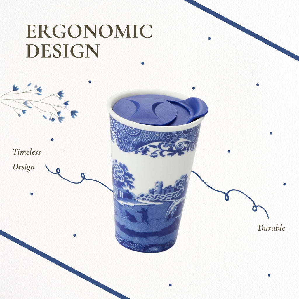 Spode Blue Italian 8oz Porcelain Travel Mug with Lid – Scenic Patterned Drinkware with Decorative Border - Portable Ceramic Coffee Cup for Brunch, Tea, On-the-Go Hot Beverage Moments