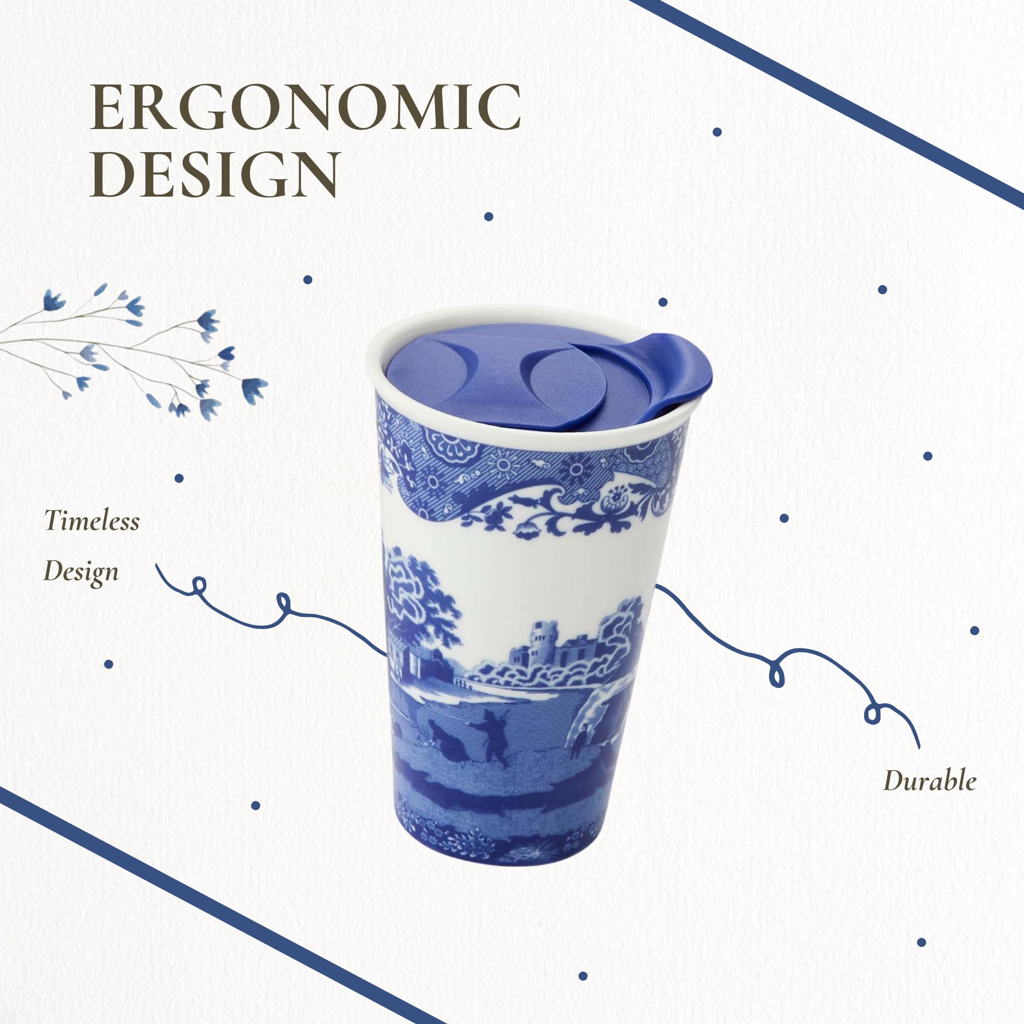 Spode Blue Italian 8oz Porcelain Travel Mug with Lid – Scenic Patterned Drinkware with Decorative Border - Portable Ceramic Coffee Cup for Brunch, Tea, On-the-Go Hot Beverage Moments