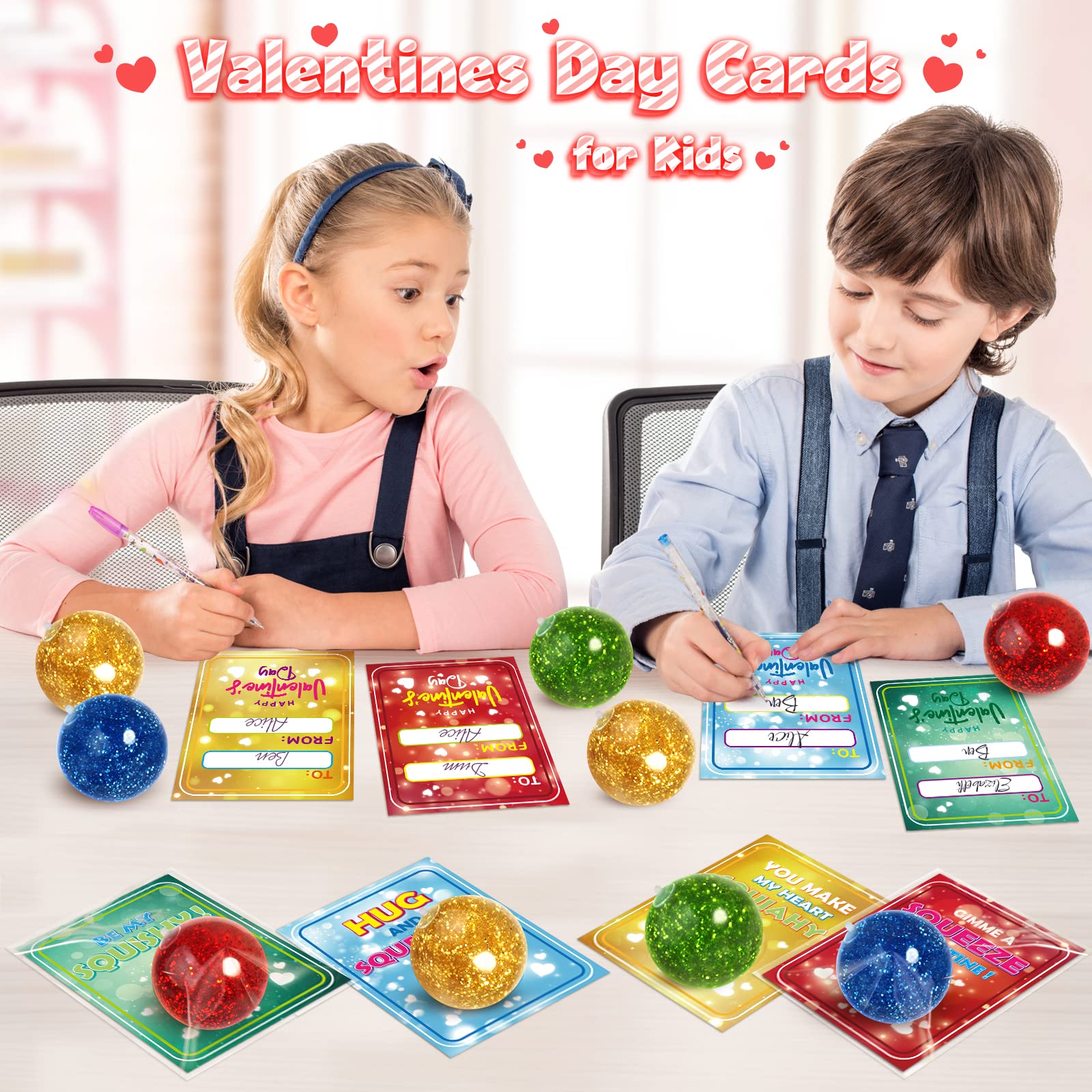 OCHIDO 24 Pack Kids Valentine's Day Greeting Cards With Squeeze Ball Stretchy, Kids Valentine Exchange Cards for Girls Boys School Class Exchange Gifts, Classroom Prizes, Bulk, Valentine Party Favor