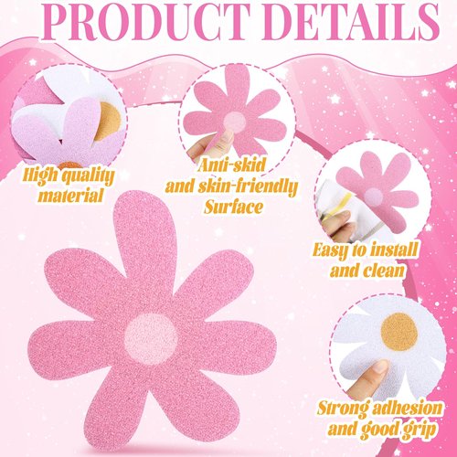 Chiisong 24 Pcs Flower Non Slip Bathtub Sticker Daisy Skidproof Shower Sticker Anti Slip Shower Decals Bathe Treads Adhesive Appliques Scraper Bright Flower Adhesive Decal for Bathroom Decor(Pink)