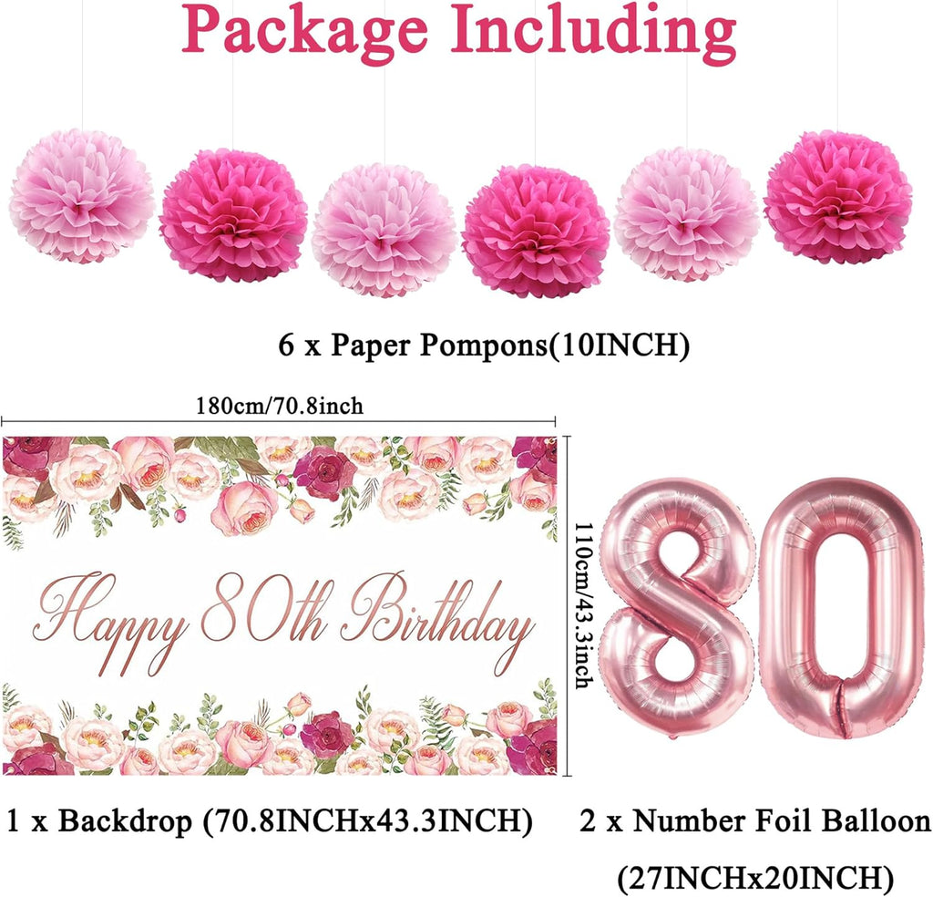 Vlipoeasn 80th Birthday Decorations - Rose Gold Backdrop Banner, Cake Topper & Honeycomb Swirls