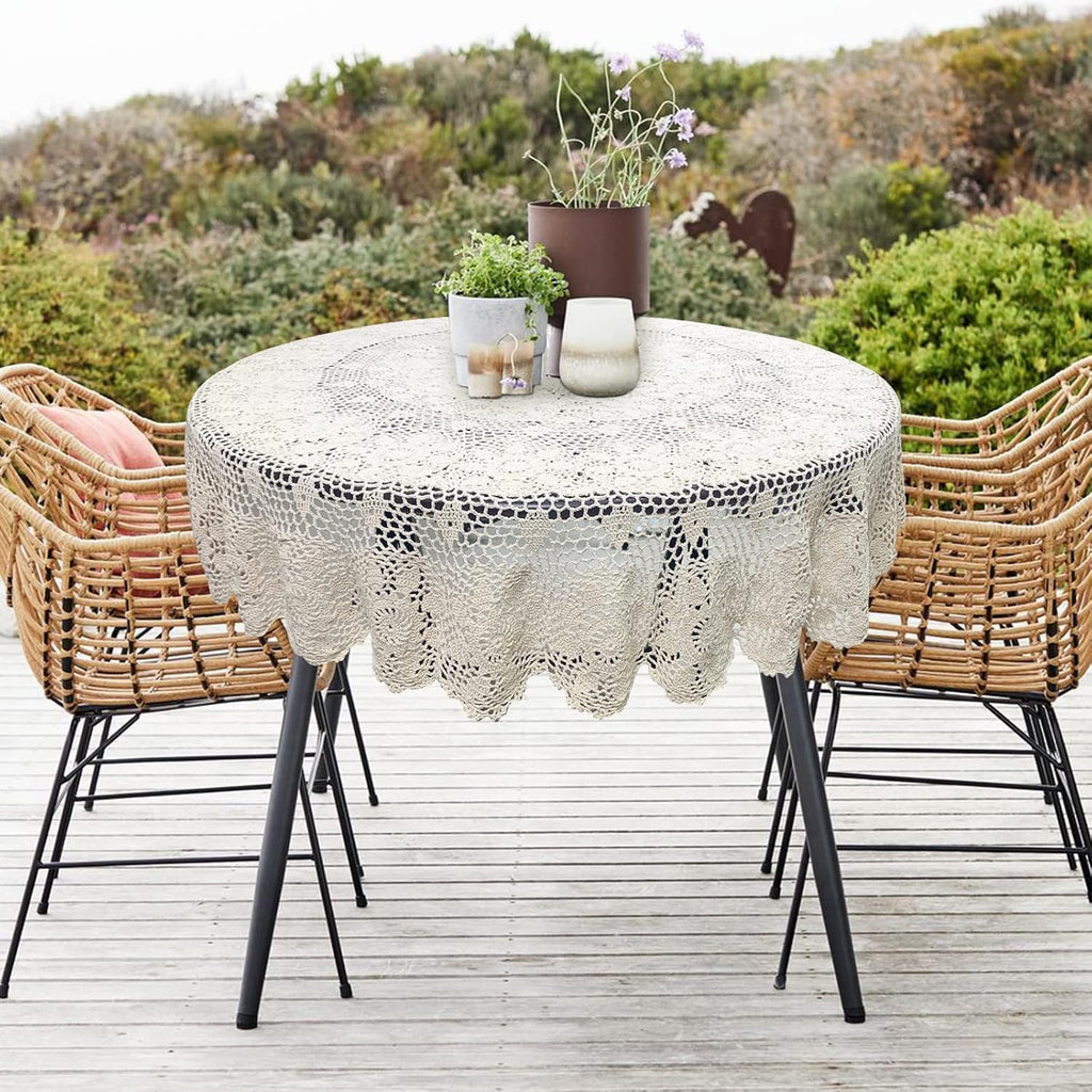 USTIDE Large Crochet Round Tablecloth Beige 90" Cotton Rustic Farmhouse Wedding Table Cloth Table Cover with Floral Lace Design, Handmade Decorative Overlay for Dining Room Kitchen