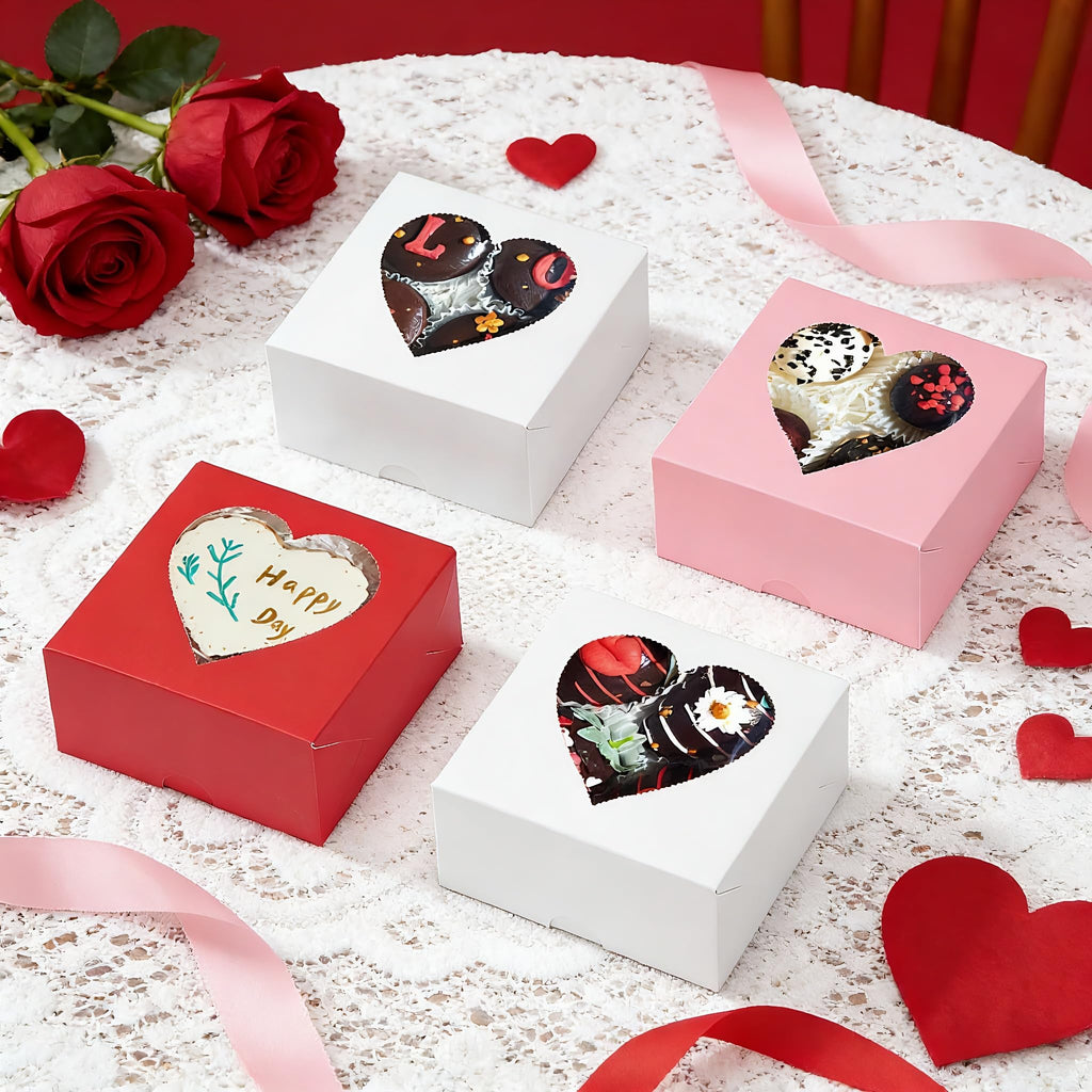 SLShePack 48Pack 4x4x2 Bakery Treat boxes with Heart Shaped Window Cookies Boxes Mini Baking Boxes for Cake Pie Cinnamon Roll Treat Chocolate Truffle Valentine's Day Favor