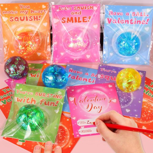 24 Pack Valentines Day Gifts for Kids Classroom Stress Balls with Valentines Cards for Kids School, Stress Relief Squeeze Toys Valentines for Class Party Favors for Boys Girls Classroom Exchange Gift