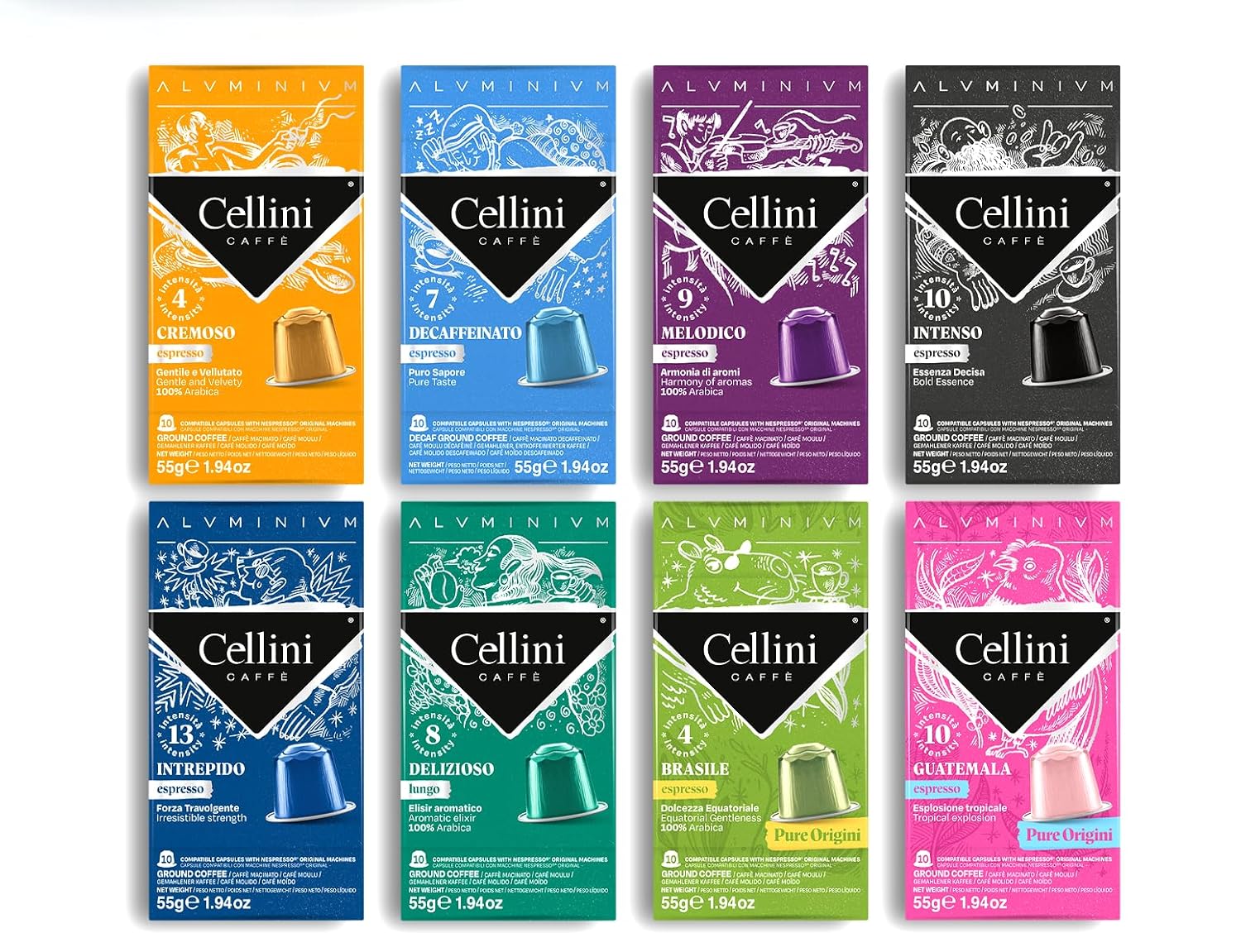 Cellini Caffè Nespresso Pods - 80 Count Mixed Variety of 8 Distinctive Italian Flavors | Medium to Strong Roast