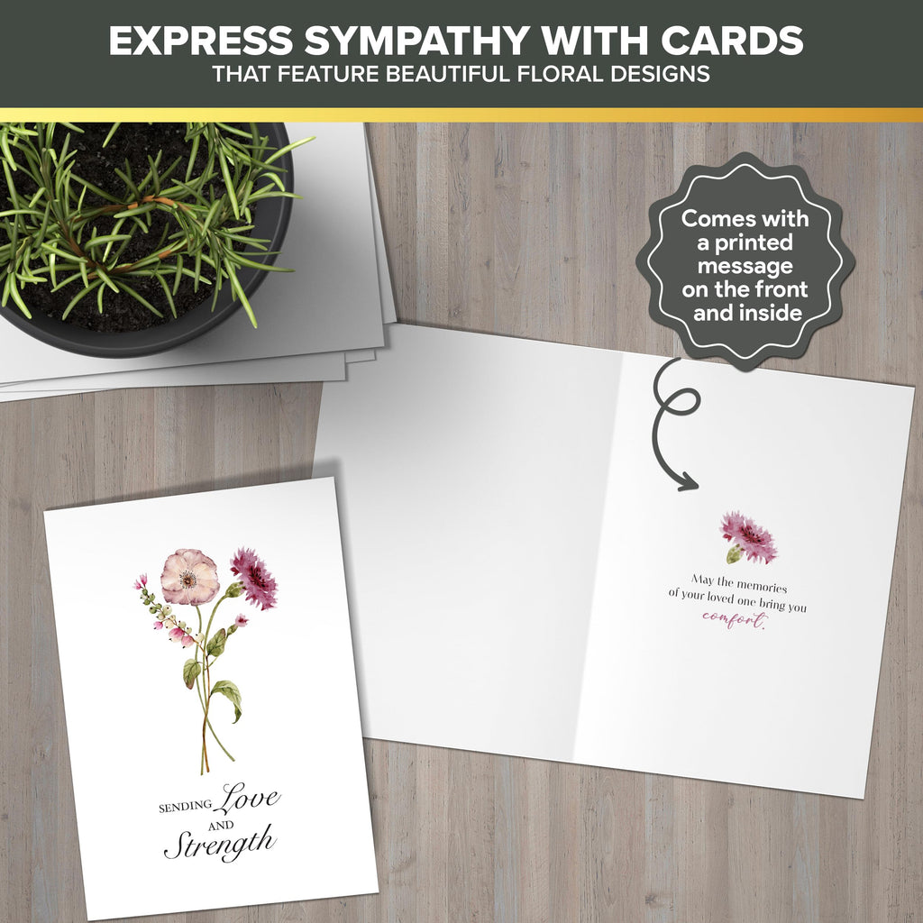 Decorably 50 Pack 4x6in Bulk Sympathy Cards with Envelopes & Stickers, 10 Folded Floral Designs with Printed Message Inside - Burial, Grief, Bereavement, Loss of Loved Ones