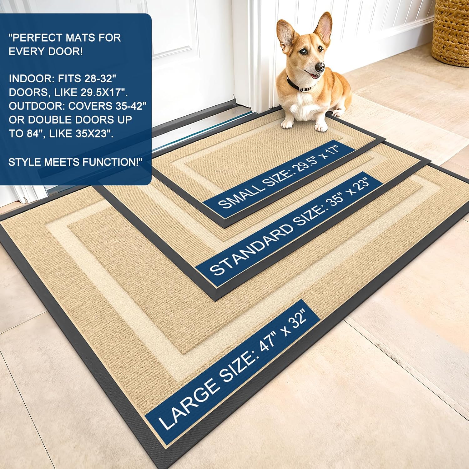 OLANLY Waterproof All-Season Front Door Mat - Sturdy Natural Rubber, Easy Clean, 59x20, Beige