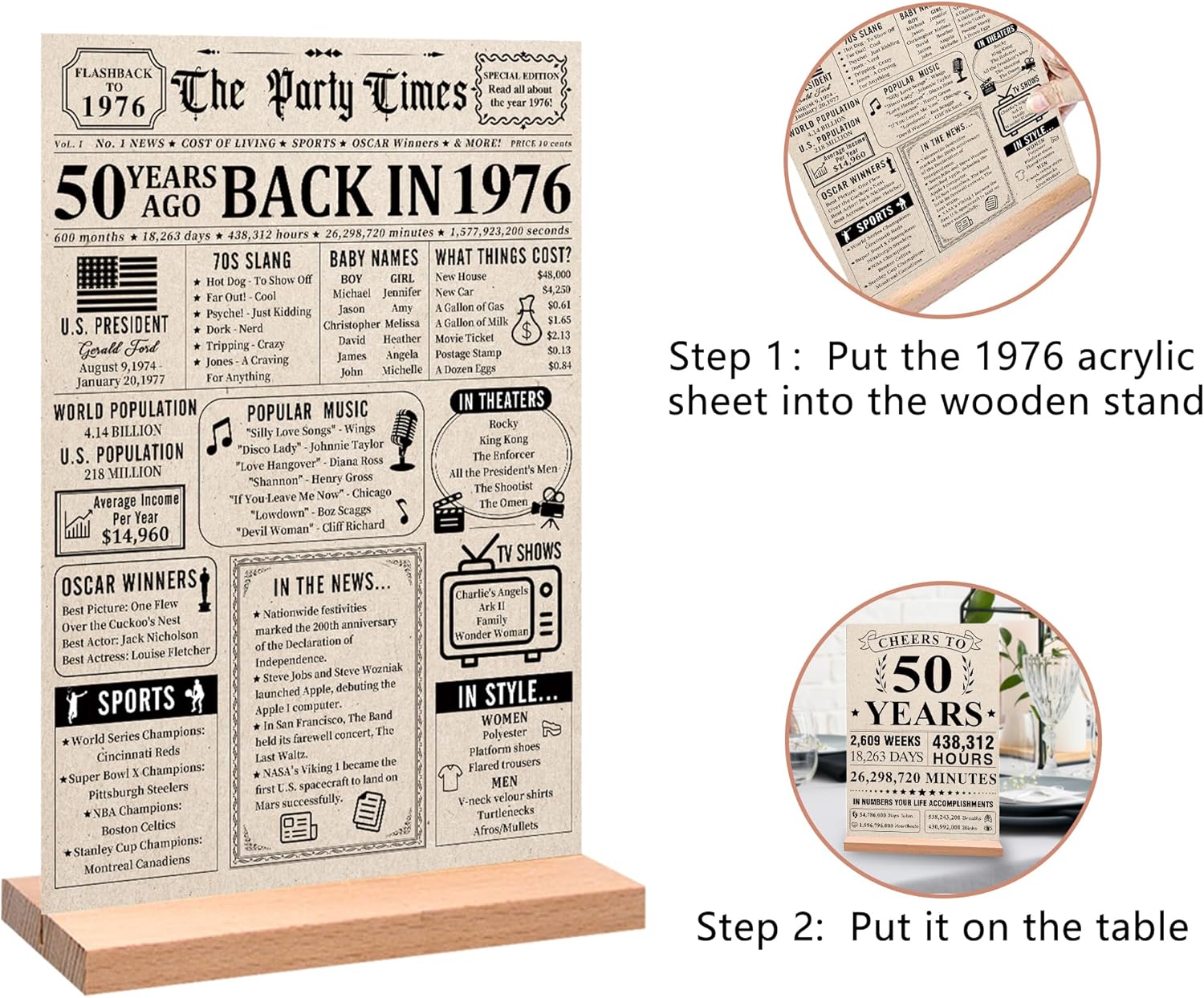 Trgowaul 50th Birthday Decorations - Vintage 1976 Acrylic Table Sign with Stand | Unique Anniversary Gift