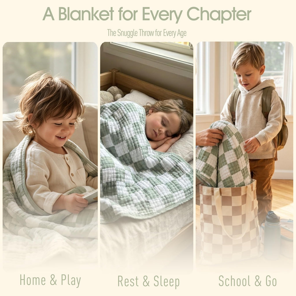 HardNok 6-Layer Muslin Toddler Blanket - Made with Organic Cotton, Large 50x60 Crib Quilt & Bedding for Kids & Moms (Sage Green Checkered)