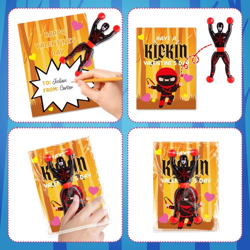 SpringFlower 28 Pack Valentine's Day Cards for Kids, Valentines Greeting Cards With Sticky Wall Climbing Men Ninja Toys for Boys Girls School Classroom Gifts Exchange, Valentine's Prizes Party Favors