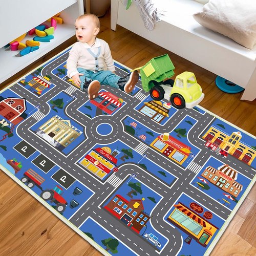 Xyrjova Play Mat Kids Rug for Boys and Girls, 31x47in Non-Slip Playroom Rug Car Rugs for Kids Toy Cars Kid Classroom Road Rugs for Kid