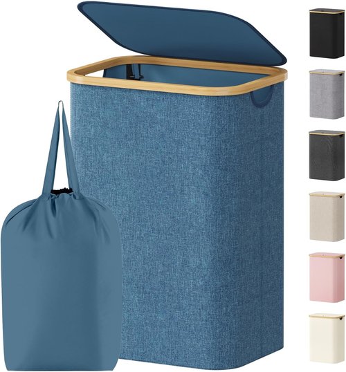 Lifewit 80L Laundry Basket - Foldable Clothes Hamper with Lid & Bamboo Handles | Dark Blue