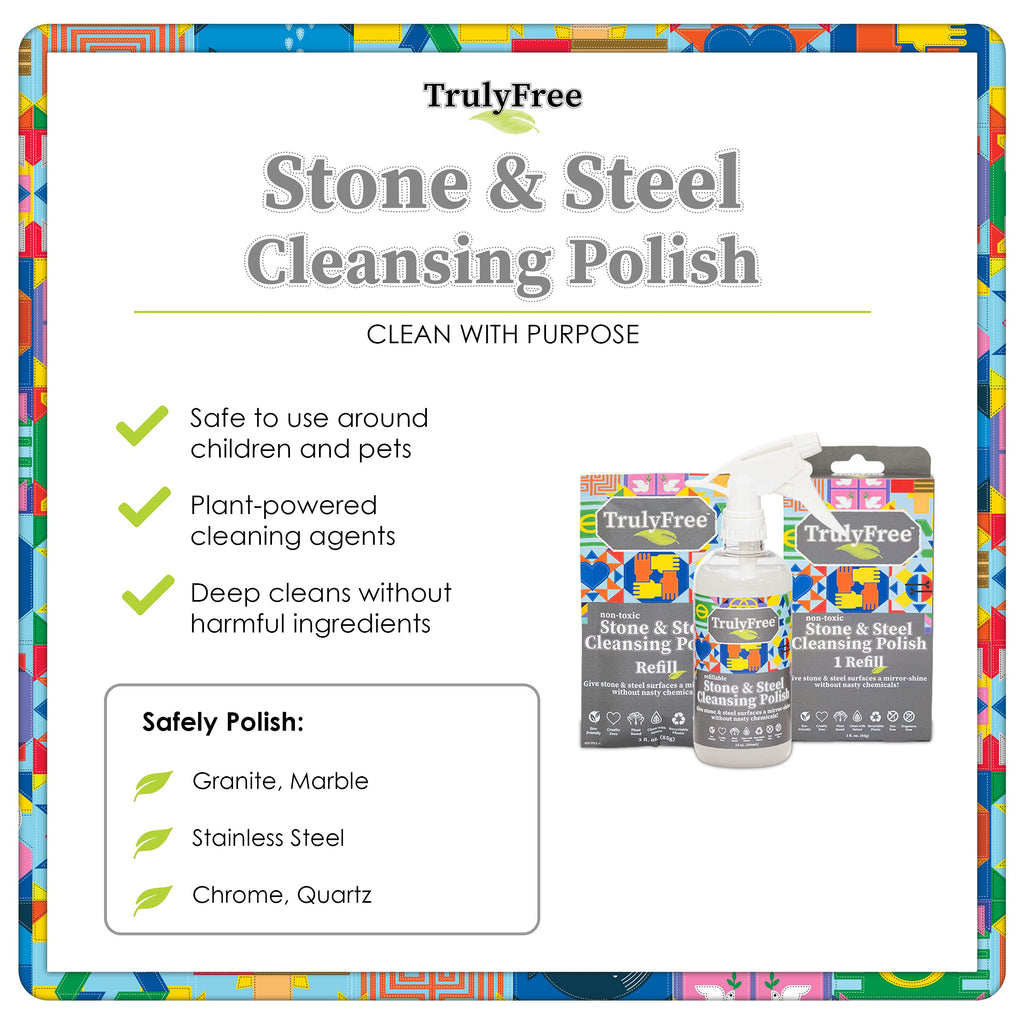 Truly Free Stone & Steel Cleansing Polish Starter Kit - Quartz, Marble, Granite, Stone Countertop, Oven, Stainless Steel Cleaner - 12oz Empty Bottle, 1 Concentrated Fill (3oz)-No Harmful Ingredients