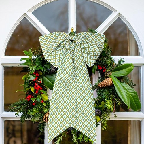 HunnmingRe Christmas Wreath Sash - 2 Pcs Green Block Print Bow | 24 x 16 Inch Holiday Decor