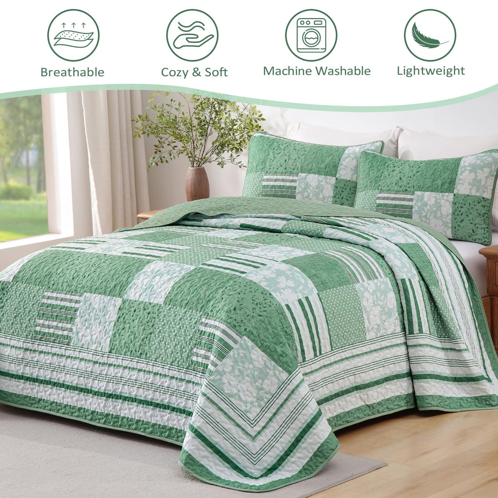Drucon Green Patchwork Queen Quilt Bedding Set, Spring Summer Plaid Bedspreads, 3 Pieces Lightweight Soft Coverlet with 2 Pillow Shams for All Season 96x90 Inch