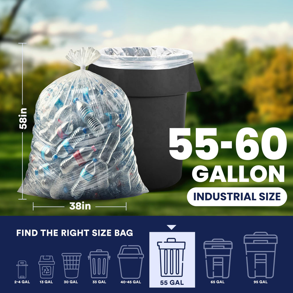 Plasticplace Heavy Duty 55-60 Gallon Trash Bags – Clear Garbage Can Liners (38” x 58”) – Durable Multiuse, Puncture-Resistant, 50 Count – Ideal for Kitchens, Warehouses and Recycling Trashbags 1.5 Mil