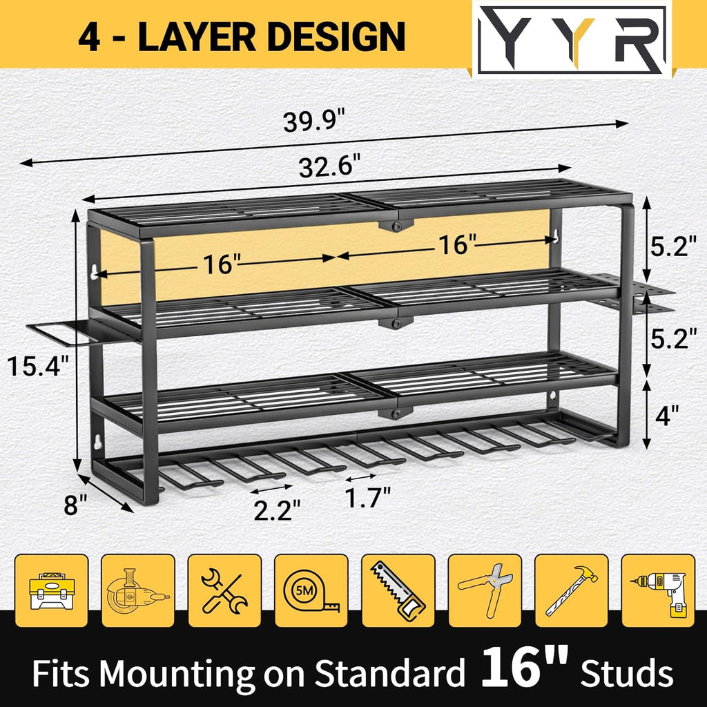YYR Power Tool Organizer - 4 Layer Wall Mount Storage Rack with Charging Station | 32 Inch, 8 Slots for Garage & Workshop