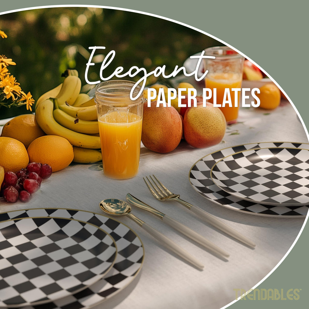 Trendables Heavy Duty Paper Plates Bulk 40 Pcs Disposable Party Plates - 20 X 8 Inch Dessert Plate & 20 X 10 Inch Paper Plate Checkered decor, black and white party decorations, race car decorations