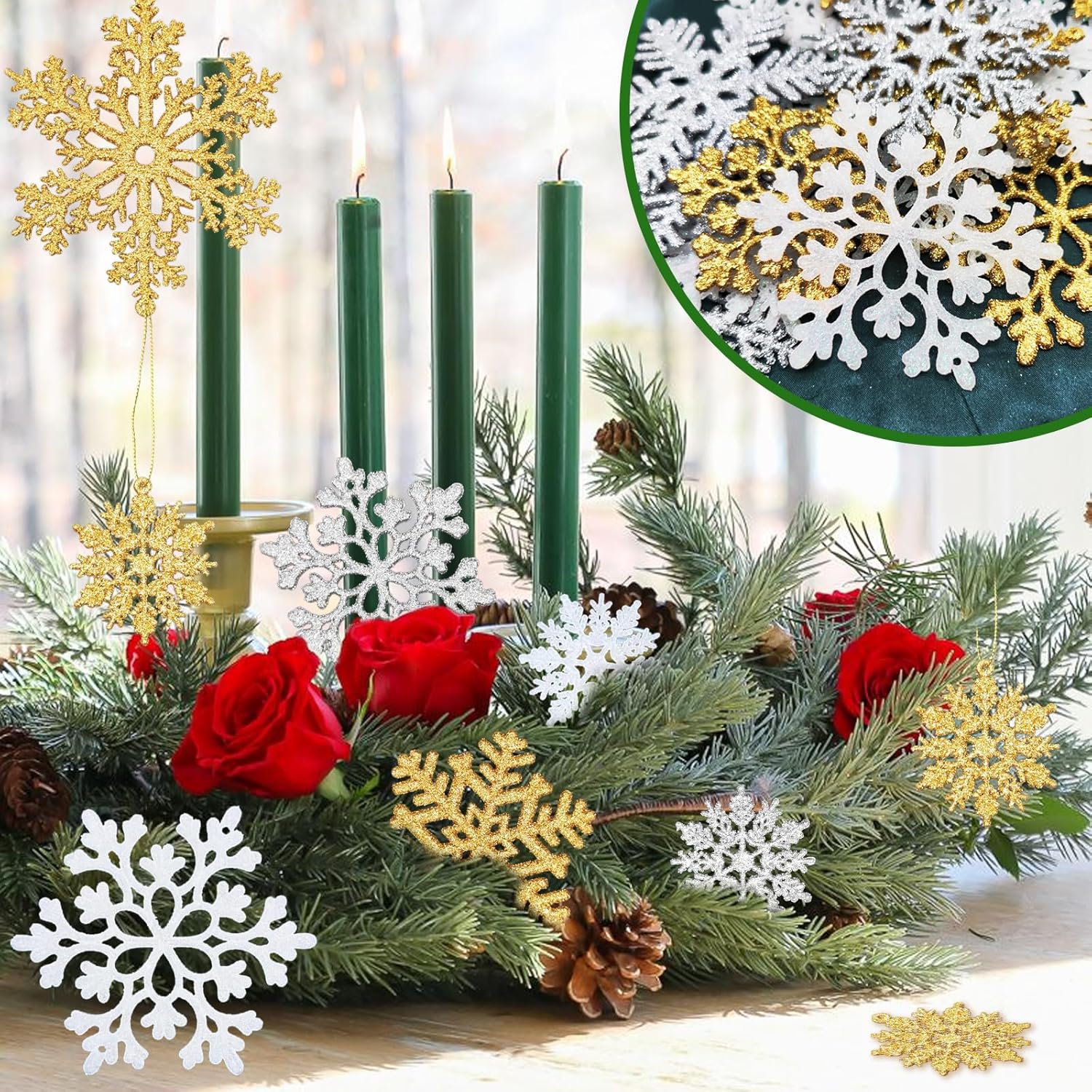 NEWMIAO Snowflake Ornaments - 36pcs Glitter Plastic Decorations in 5 Patterns for Winter Wonderland Decor
