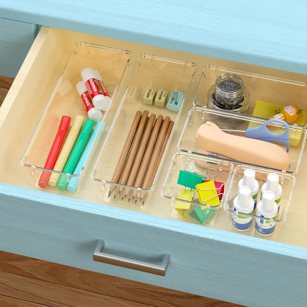 WOWBOX Clear Drawer Organizer Set - 6 Acrylic Storage Trays for Makeup, Jewelry, Office Supplies