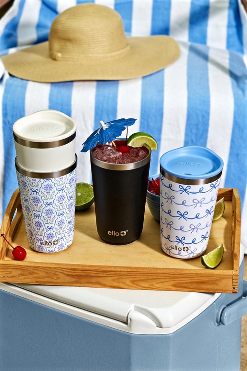 Ello 2 Pack 16oz Stainless Steel Stacking Cups with Easy Press Lids | Pint Size Reusable Tumblers for Parties, Home, Camping, Outdoor | Keeps Cold for 16 Hours, Dishwasher Safe | Bows & Flowers