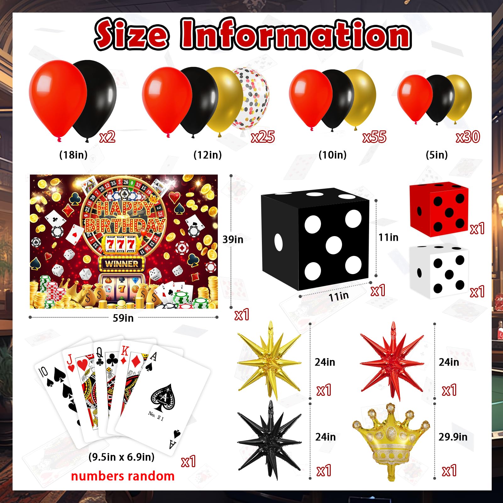 KaTiSeMo 128 Pcs Casino Theme Party Decorations Kit for Casino Night & Adult Birthday Party, Deluxe 59" Fabric Backdrop & Balloon Arch, 3 Large Dice Boxes, Poker Cards for Las Vegas Theme Event